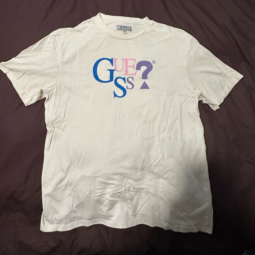 GUESS Cream Graphic Tee with Multicolor Logo